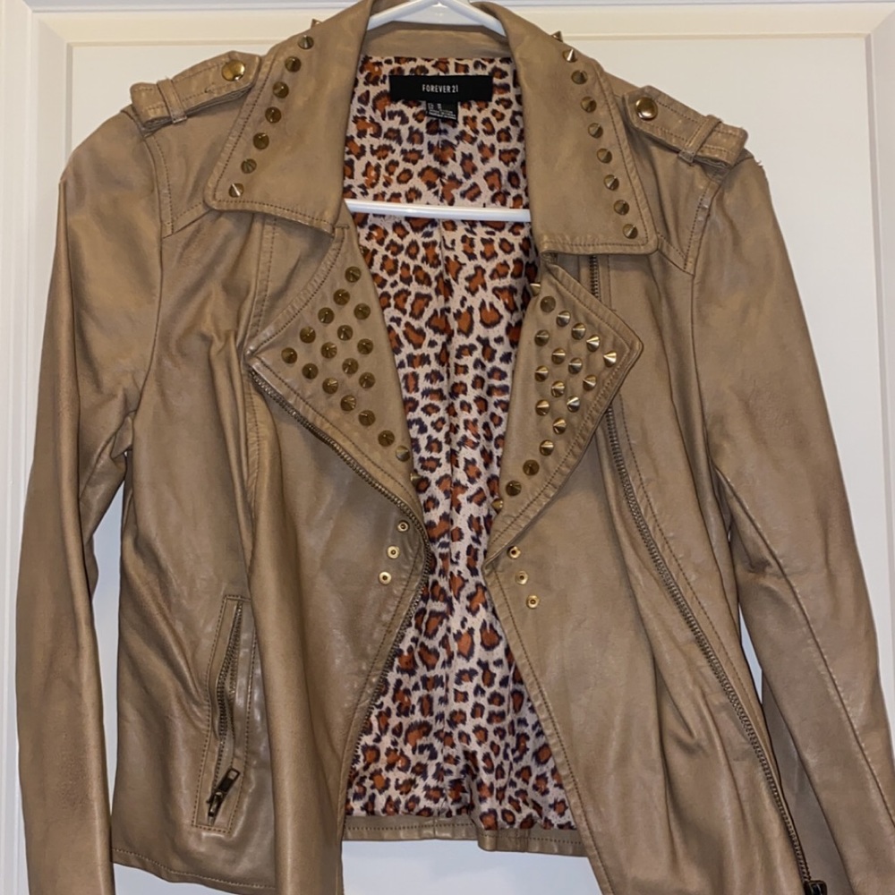 Tan faux leather studded jacket